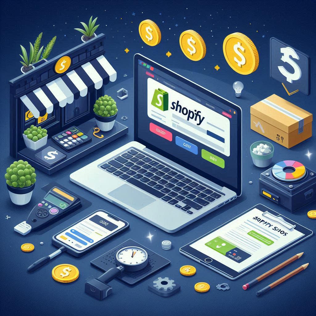 shopify store on laptop with office tools