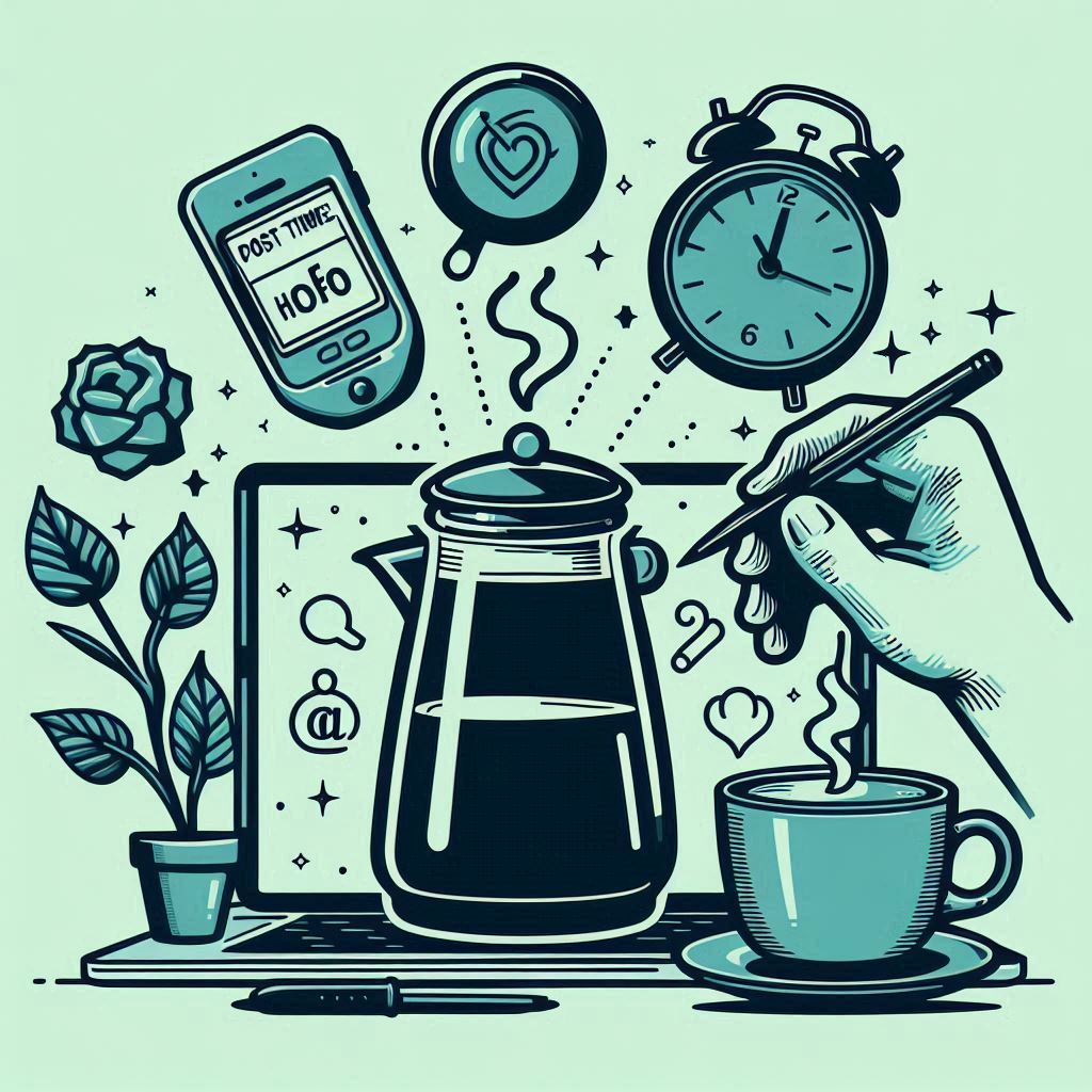 teal toned feature image with a laptop, coffee pot, clock, cell, just stuff about business and timing