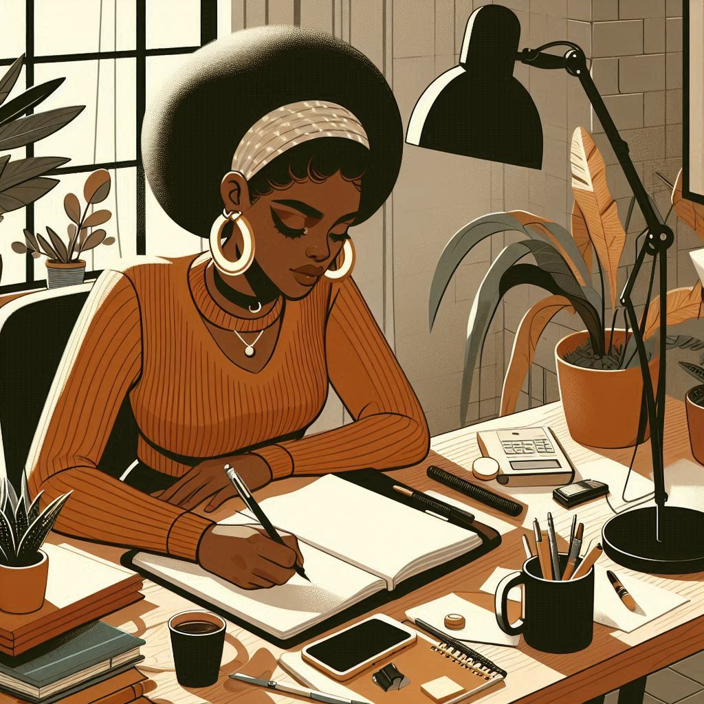 brown skinned woman working at desk ...thoughtful look on her face