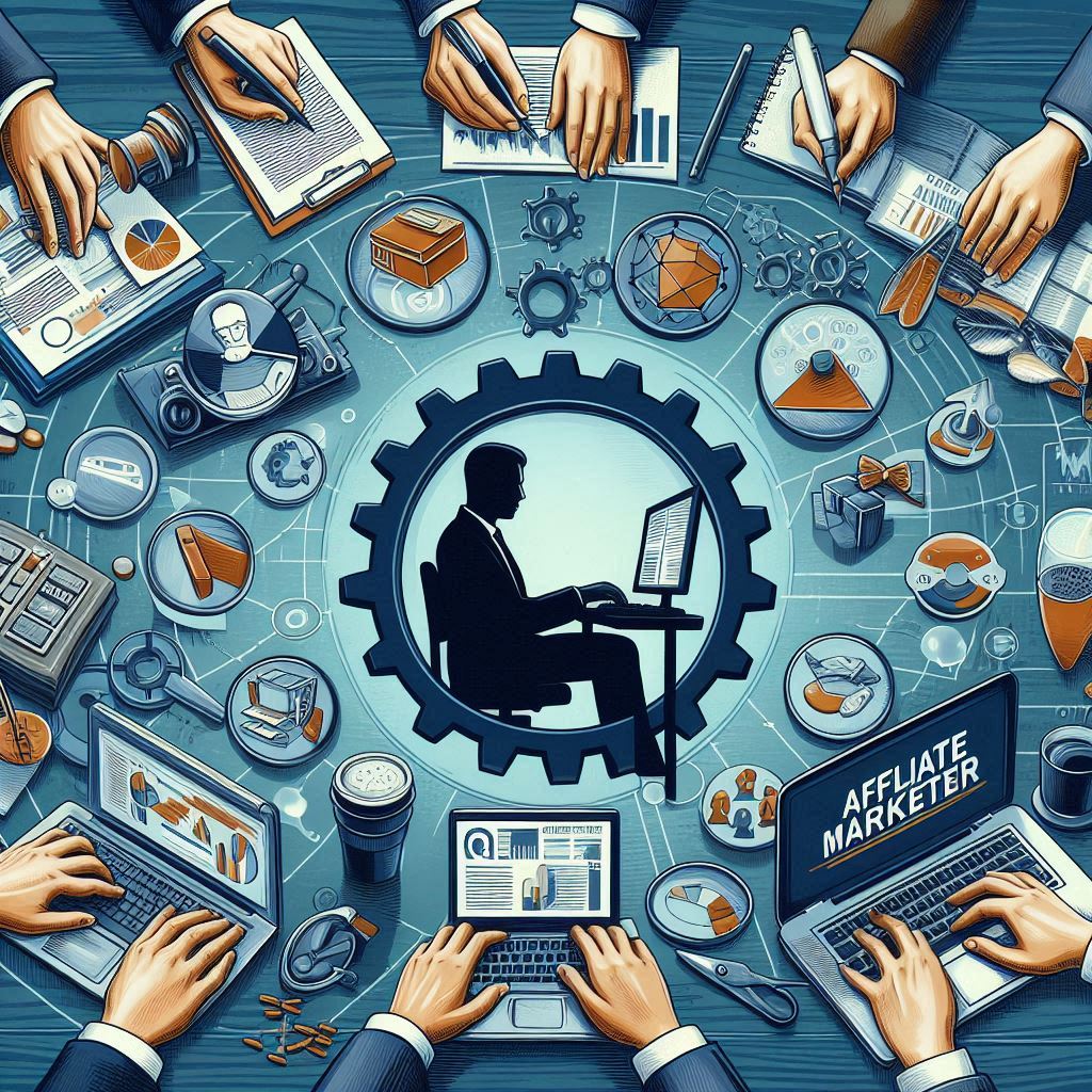 blue image with silhouette of man in middle and business people circled around him