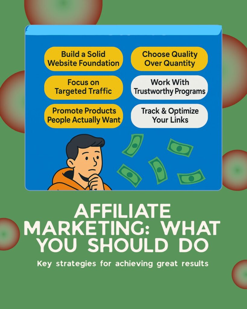 a man thinking with bullet type list of what he should do as an affiliate marketer..green and blue image overall