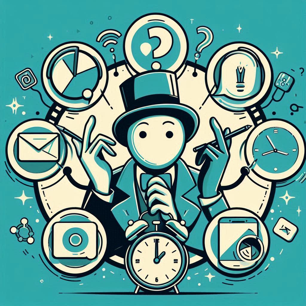 blue toned abstract image with man with hat in middle seemingly juggling many business ideas